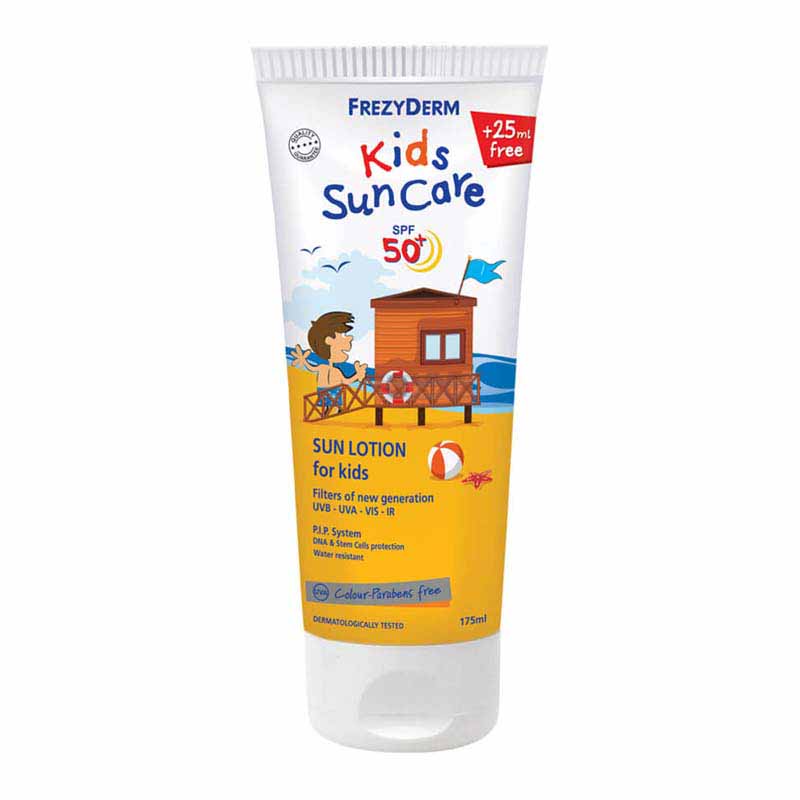 Παιδικό αντηλιακό γαλάκτωμα προσώπου και σώματος FREZYDERM Kids Sun Care SPF 50+ ανθεκτικό στο νερό, που παρέχει πολύ υψηλή προστασία σε συσκευασία 150ml