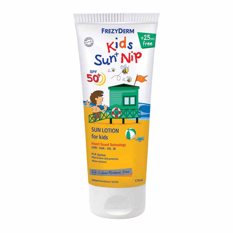 Εντομοαπωθητικο παιδικό αντηλιακό γαλάκτωμα προσώπου και σώματος FREZYDERM Kids Sun Nip SPF 50+ ανθεκτικό στο νερό σε συσκευασία 150ml