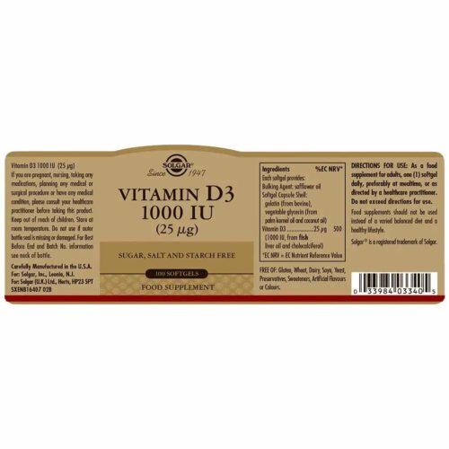 304469 SOLGAR Vitamin D3 1000 IU 25 µg Softgels 100caps 2 Pharmabest