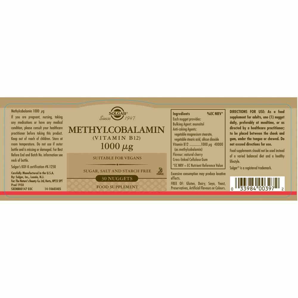 306108 SOLGAR Vitamin B12 1000μg Methylcobalamin nuggets 30tabs 2 Pharmabest