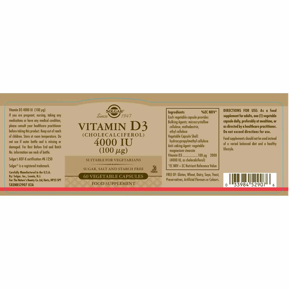 309701 SOLGAR Vitamin D3 Cholecalciferol 4000 IU 100 µg Vegetable 60caps 3 Pharmabest