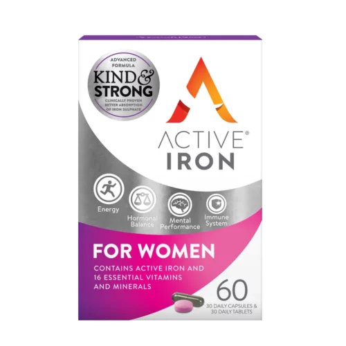 Active Iron for Women ειδικά σχεδιασμένο για γυναίκες για την αντιμετώπιση της κόπωσης και για την υποστήριξη της ορμονικής ισορροπίας.