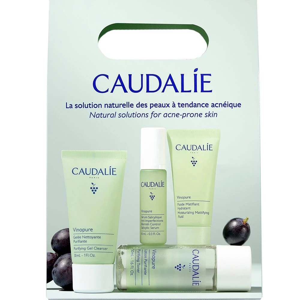 Caudalie Promo Natural Solutions For Acne-prone Skin - Purifying Gel Cleanser 30ml & Purifying Toner 50ml & Blemish Control Salicylic Serum 10ml & moisturizing Mattifying Fluid 15ml