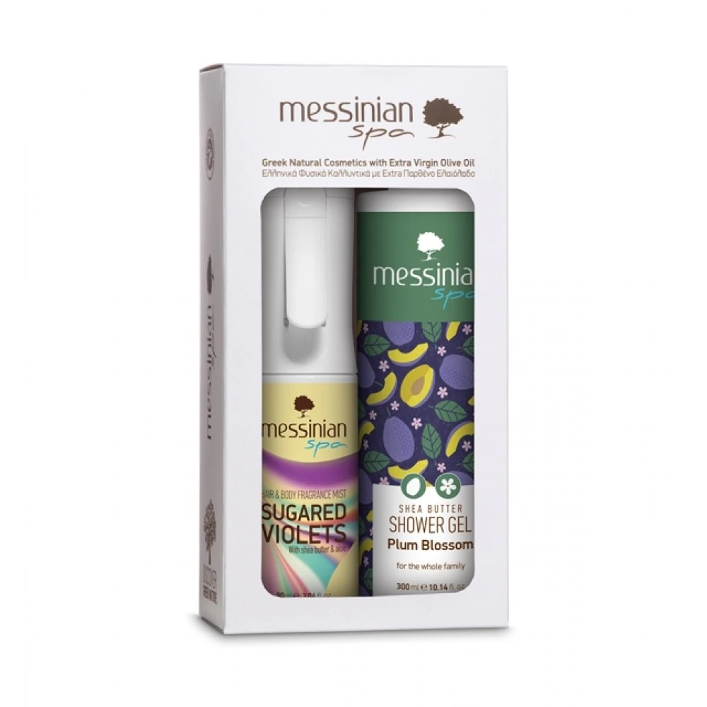 Messinian Spa Promo Hair & Body Fragrance Mist Sugared Violets 90ml & Shower Gel Plum Blossom 300ml