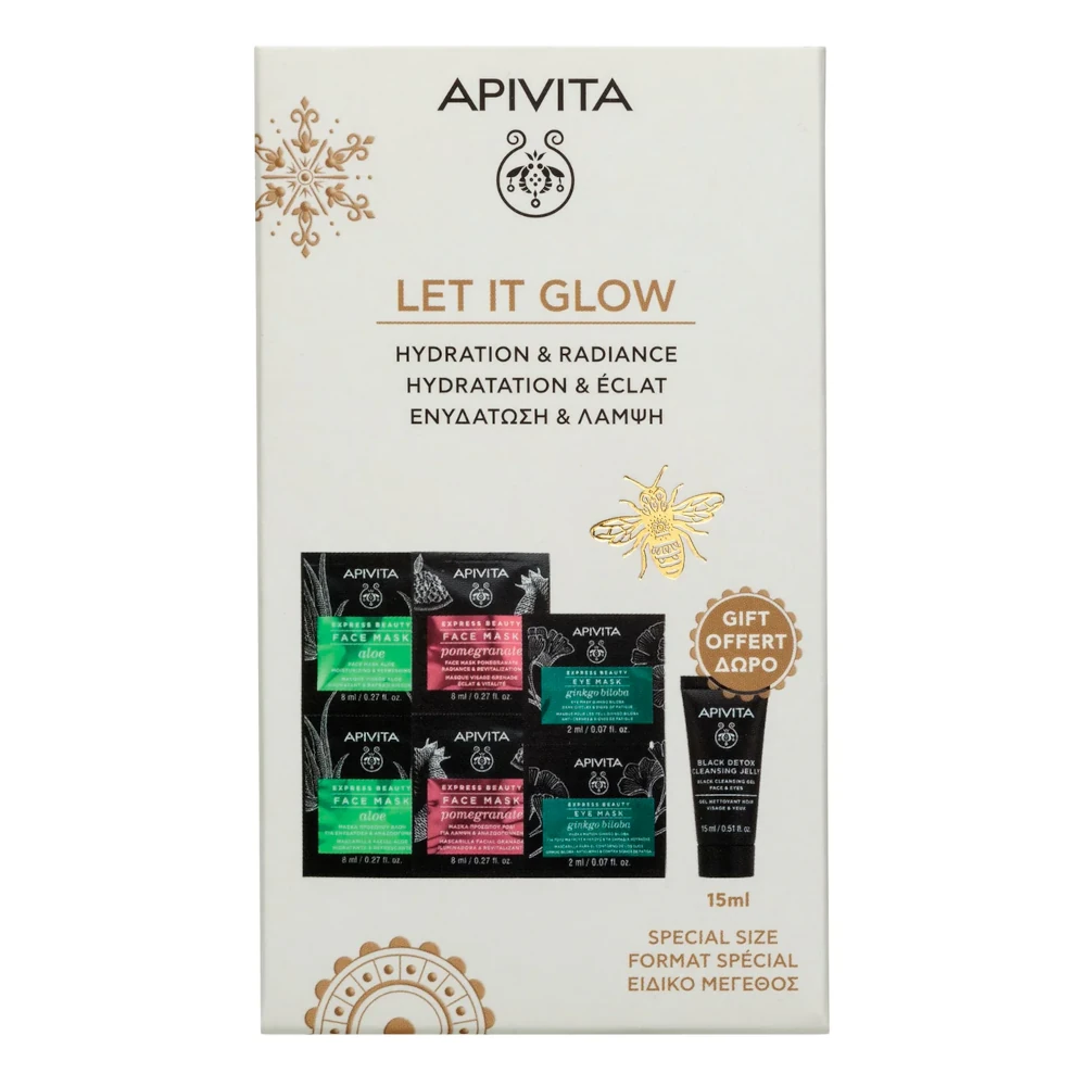 Apivita Promo Let It Glow Express Beauty Face Mask Aloe 2x8ml & Face Mask Pomegranate 2x8ml & Eye Mask Ginkgo Biloba 2x2ml & Δώρο Black Cleansing Gel-Face and Eyes 15ml Special Size