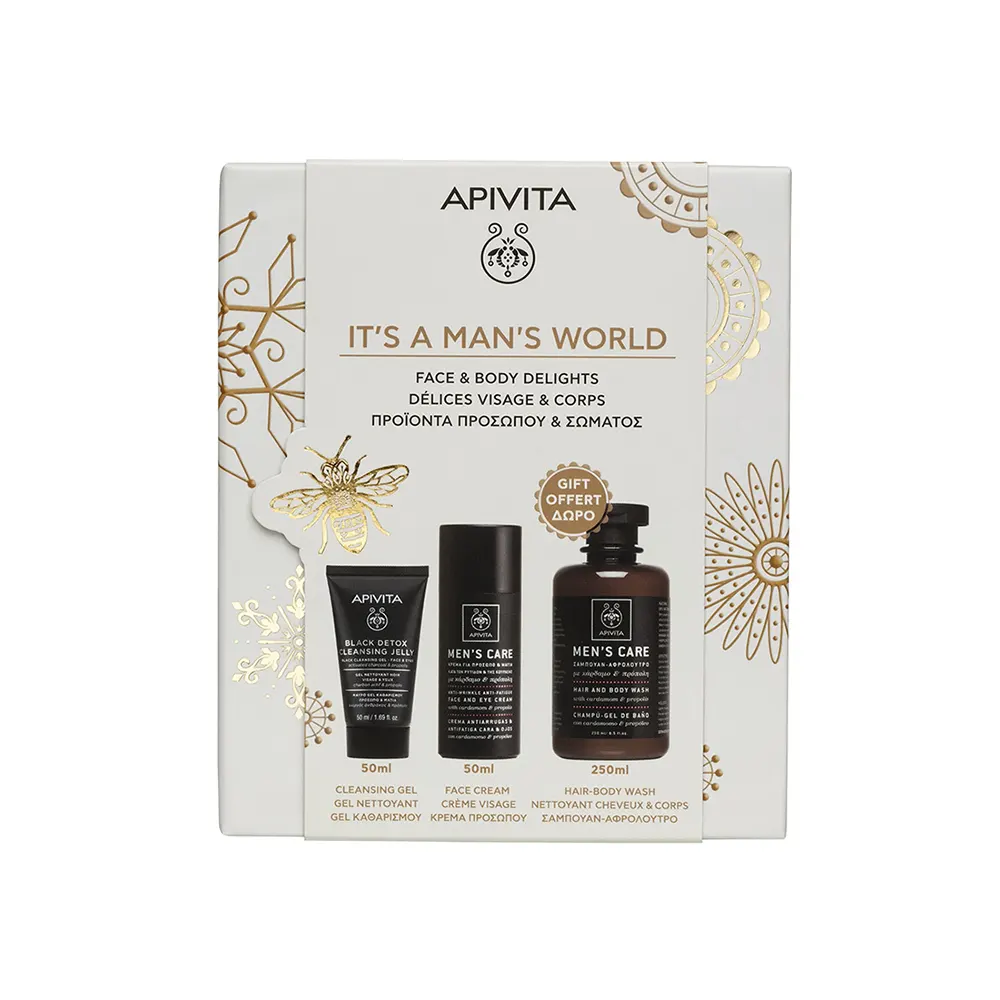 Apivita It’s a man’s world Κρέμα Προσώπου & Ματιών κατά των Ρυτίδων Κάρδαμος & Πρόπολη 50ml +Μαύρο gel καθαρισμού Πρόσωπο & Μάτια 50ml +Δώρο Σαμπουάν & Αφρόλουτρο 250ml