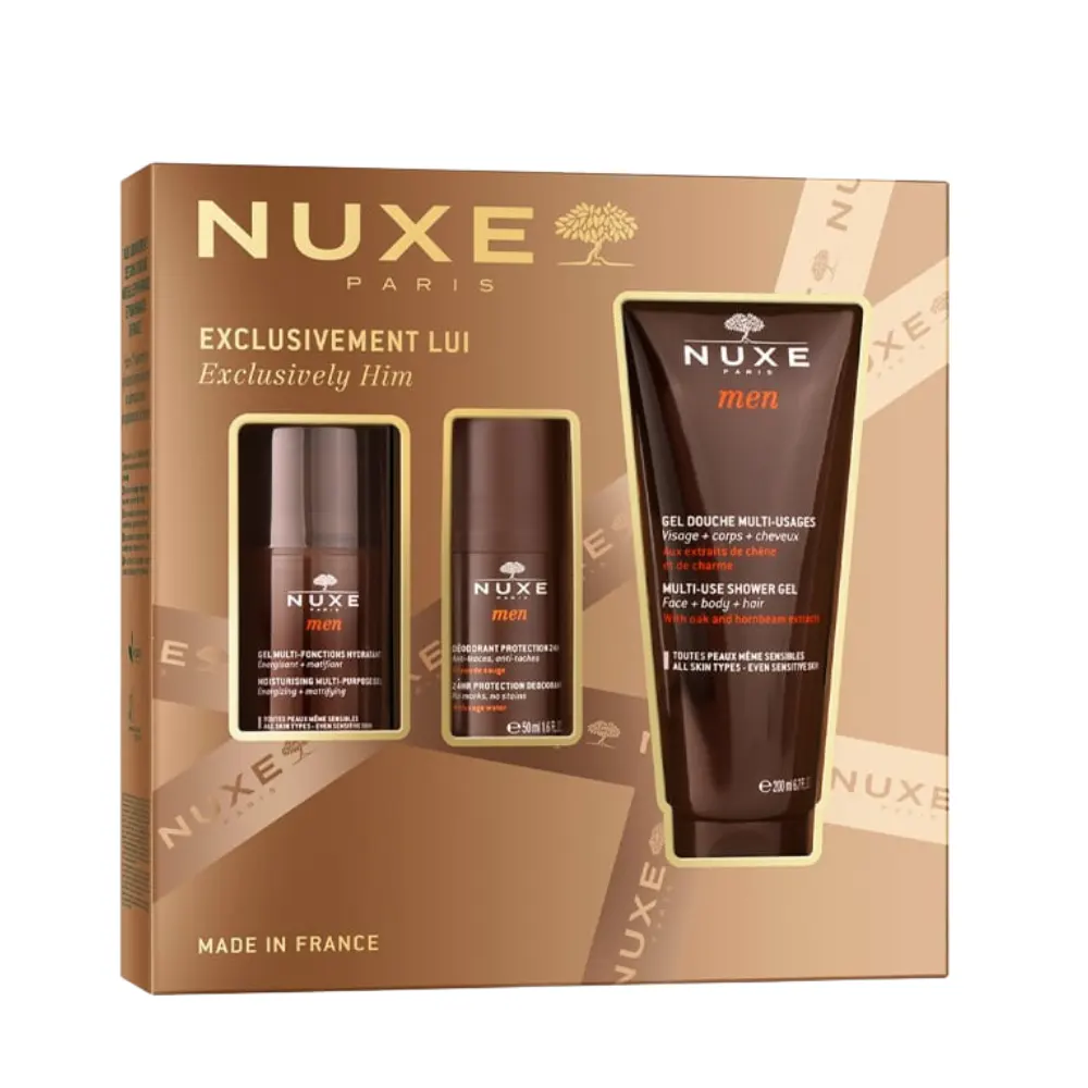 Nuxe Men Πολυλειτουργικό Ενυδατικό Gel 50ml, Men Αφρόλουτρο Πολλαπλών Χρήσεων 200ml & Men Αποσμητικό Προστασίας 24h 50ml