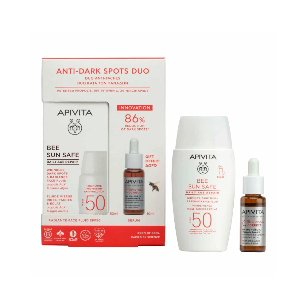 Apivita Promo Anti-Dark Spots Duo Bee Sun Safe Daily Age Repair Dry Touch - Λεπτόρρευστη Κρέμα Προσώπου κατά των Πανάδων & Ρυτίδων Spf50, 50ml & Δώρο Serum C15 Propolis Correct Αντιρυτιδικός & Αντιοξειδωτικός Ορός Λάμψης 10ml