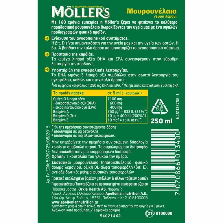 Möller’s Μουρουνέλαιο Lemon Πίνακας Θρεπτικών συστατικών